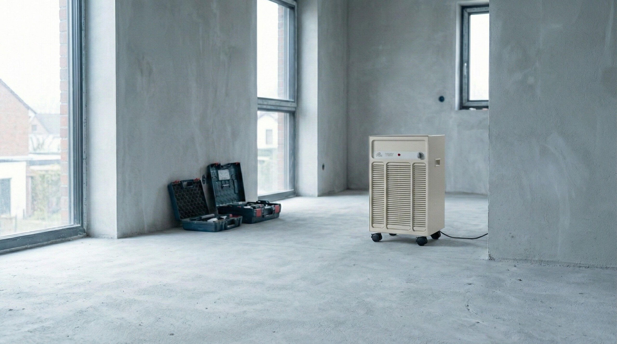 Odvlhčovač vzduchu v prázdné místnosti s technickými nástroji, ideální pro suché prostředí.